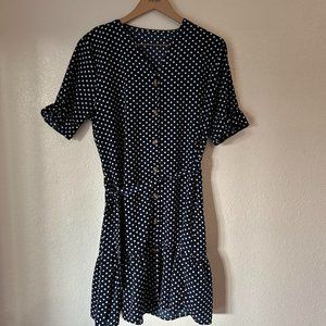 Navy Blue and White Polka Dot Button Down Belted Ruffle Dress